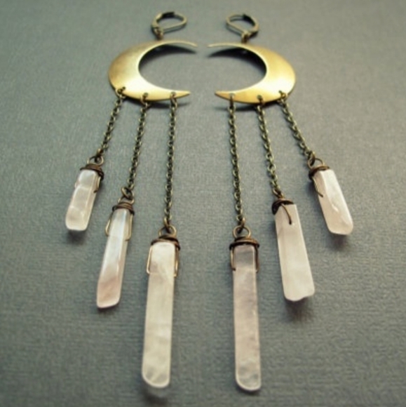 Jewelry - Crescent Moon Dangling Pink Rose Quartz Earrings